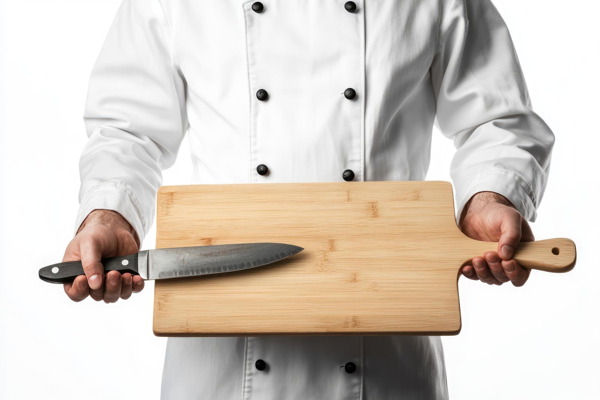 Chef che spiega una tecnica di taglio su un tagliere